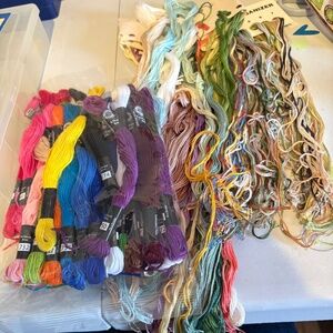 Lot of embroidery floss, organizer, fabric & bobbins